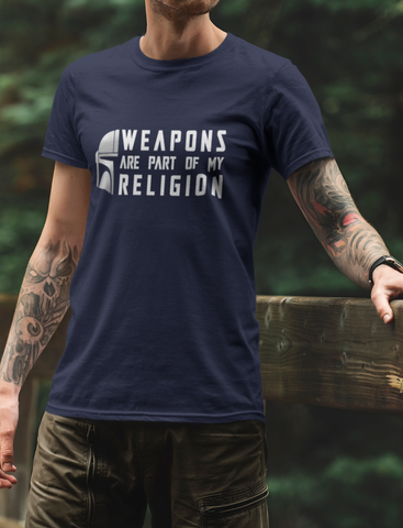 Weapons are part of my religion - Star Wars Mandalorian Helmet Navy T-Shirt - Thundersome Threads