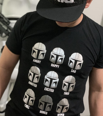 Mando Emotions - Star Wars Mandalorian Half Helmet Black T-Shirt - Thundersome Threads